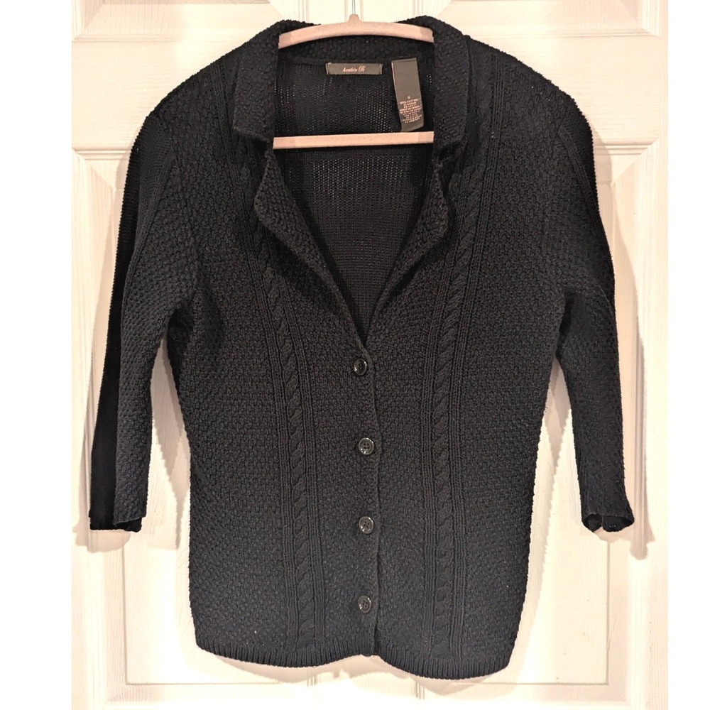 Heather B Cardigan Small Navy Blue Cable Popcorn Knit 3/4 Sleeve Cotton Button‎